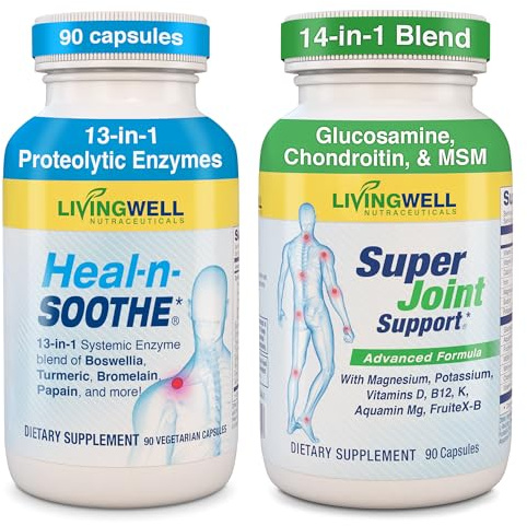 HEAL-N-SOOTHE & Super Joint Support Supplements Bundle- Proteolytic Enzymes (Bromelain & Papain), Glucosamine, MSM, & Turmeric for Strong Joints, Flexibility & Body Wellness – 180 Capsules (2 Pack)