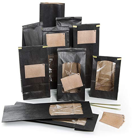 Logbuch-Verlag 10 Bodenbeutel mit Fenster zum Befüllen 10,5 x 6,5 x 31 cm schwarz + Aufkleber in Kraftpapieroptik zum Beschriften – Lebensmitteltüte mit Verschluss