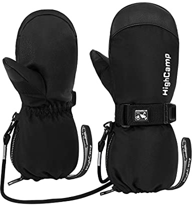 Highcamp Kinder-Ski-Fäustlinge, wasserdichte Winter-Schneehandschuhe mit Reißverschluss und Schnur an langer Manschette für Kleinkinder, Jungen, Mädchen, Schwarz, Größe S (3–5 Jahre)