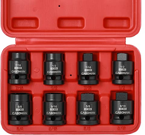 CASOMAN 8-teiliges 1/2-Zoll-Antriebs-Rohrsteckschlüssel-Set, Cr-Mo, SAE, männlich/weiblich, 7/16 Zoll, 1/2 Zoll, 5/8 Zoll, 9/16 Zoll, konischer Außenvierkantantrieb, abgeschrägter Innenvierkantantrieb