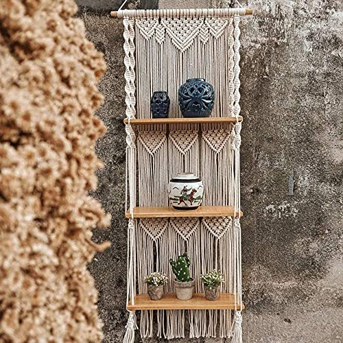 Bmocoen 140 cm x 40 cm Boho Macramé Colgante de Pared Estante 3 Animales Hecho a Mano Tejido Organizador de Estantes de Pared Percha flotante para Decoración Hogar