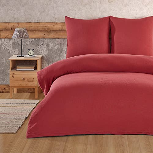 Musselin Bettwäsche 155x220 cm 2 Teilig Double Gauze Knitterlook 100% Baumwolle Kissenbezug 80x80 cm Reißverschluss Bettwäsche-Set Crinkle-Look Einfarbig Uni, Farbe Rot