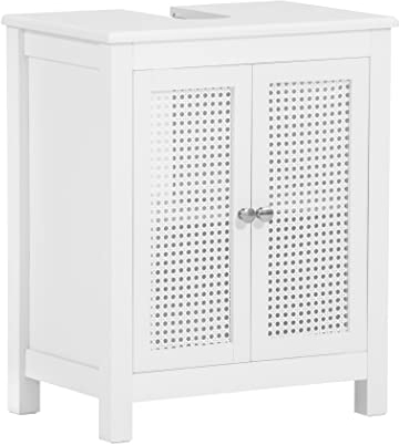 SoBuy Waschbeckenunterschrank Badezimmer Unterschrank mit 2 Türen & Regal Badschrank Schmal Schrank für Waschbecken mit Gitterfront Weiß 50x60x33 cm BZR35-W