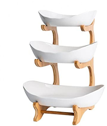 XUDREZ 3 Tier Fruit Basket for Kitchen, Ceramic Fruit Bowl for Kitchen Counter,Large Capacity Fruit Bowl Set with Holder,Bamboo Fruit Serving Tray (White porcelain)