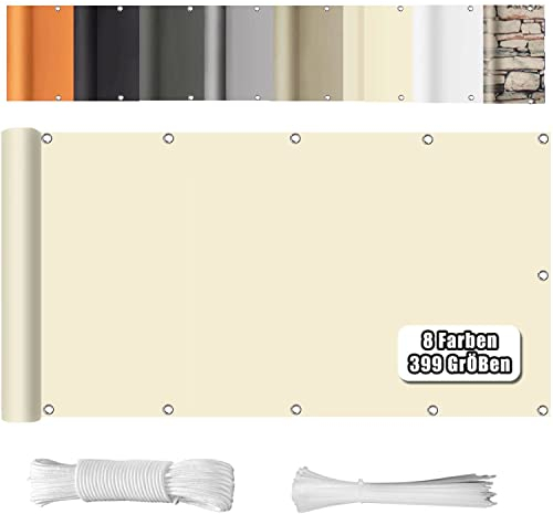 WEALSFUN Balcony Cover 90 x 700 cm (390 Sizes and 8 Colours), Balcony Cladding, No Drilling, Opaque, Wind UV Protection with Eyelets, Cable Ties, Cord, Cream