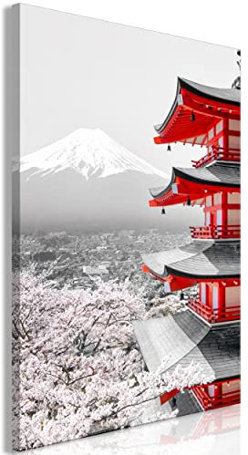 decomonkey Bilder Architektur Landschaft 60x90 cm 1 Teilig Leinwandbilder Bild auf Leinwand Vlies Wandbild Kunstdruck Wanddeko Wand Wohnzimmer Wanddekoration Deko Japan Gebirge Kirschbaum Rot Grau