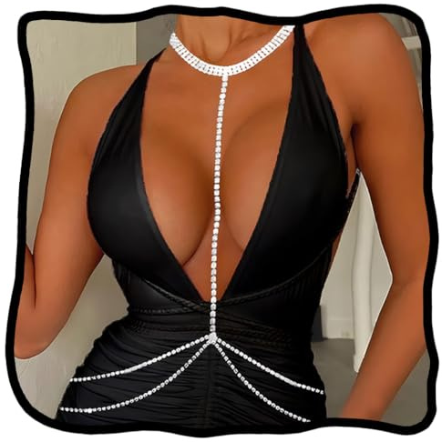 Woeoe Glitzernde Strass-BH-Kette, silberfarbene Brustkette, sexy Bikini-Körperkette, Schmuck für Damen