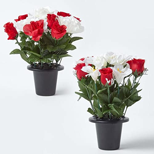 Homescapes 2er-Set Künstliche Grab-Blumen wetterfest mit Blumenhalter, rote Rosen mit weißen Blumen