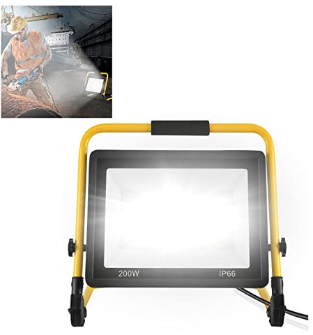YARDIN Baustrahler LED Baustellen Flutlicht Arbeitsscheinwerfer Baustellenlampe Tragbare Arbeitsleuchte inkl. Standgestell und Netzkabel Wasserdicht IP66 für Garage, Garten, Baustelle (200W Kaltweiß)
