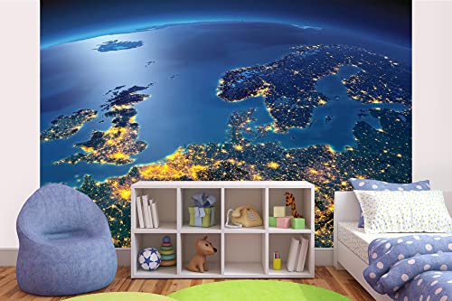 Vlies Fototapete EUROPA AUS DEM WELTRAUM IN DER NACHT 375 x 250 cm (inkl. Kleister) - Vlies Tapete, Wandtapete, Wandbilder - Tapete für Wohnzimmer Schlafzimmer, Büro, Küche - Montagefertig