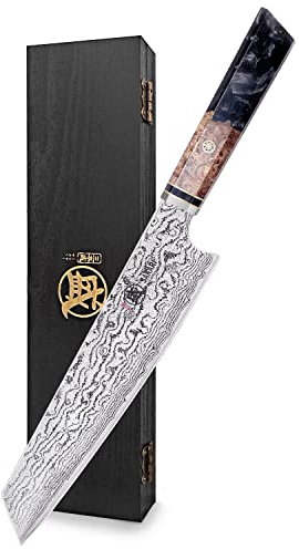 MITSUMOTO SAKARI Japanese Chef Knife, 8 inch Professional Hand Forged Cooking Knife, AUS-10 Premium Damascus Steel Kitchen Sashimi Knife (Shadowwood Pomegranate Handle & Sandalwood Box)