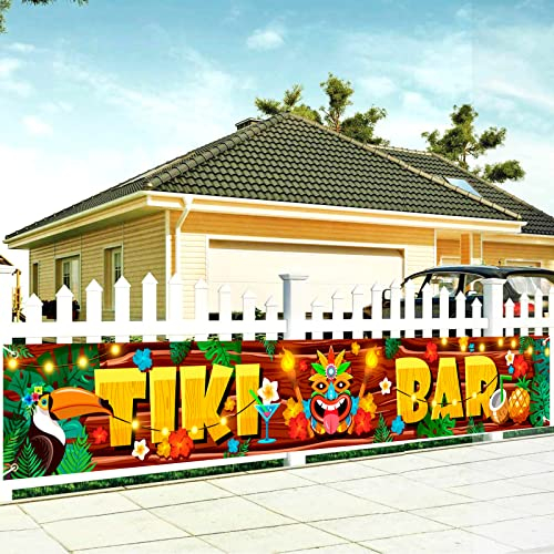 DPKOW Tiki Bar Bannière pour Décorations de Fête Hawaïennes, Bannière de Fête Tropicale Hawaïenne Toile de Fond Photo Luau Tiki pour Déco de Bar Tiki Décorations de Fête d'Anniversaire d'été, 270*40cm
