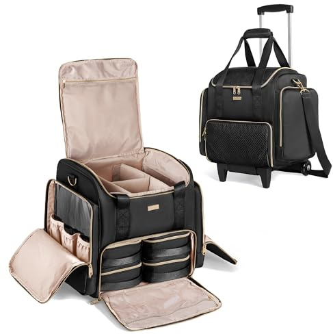 Prokva Rolling Makeup Case with 4 Removable Bags, Professional Makeup Train Case with Wheels, Makeup Artist Travel Bag with Brushes Storage Section, Black (Patent Design)