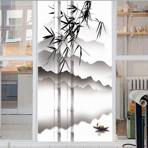 Berg Fensterfolie Selbsthaftend Bambus Lichtdurchlassig 3D Fensterfolie Anti-Uv Dekorfolie Statisch Fensteraufkleber Für Wohnzimmer Küche Büro 50x100cm
