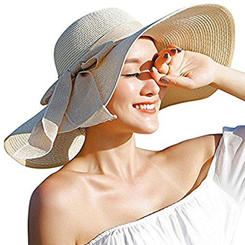 DRESHOW Damhatt med Stor Knut Stråhatt Floppy Vikbar Rulla upp Beach Cap Solhatt UPF 50+