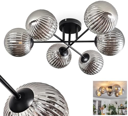 HOFSTEIN Deckenleuchte Chehalis, 6-flammige Deckenlampe aus Metall/Riffelglas in Schwarz/Rauchfarben, Leuchte im Retro/Vintage-Design, Ø Schirme 15 cm, G9, Esszimmer, Schlafzimmer, Wohnzimmer, Küche