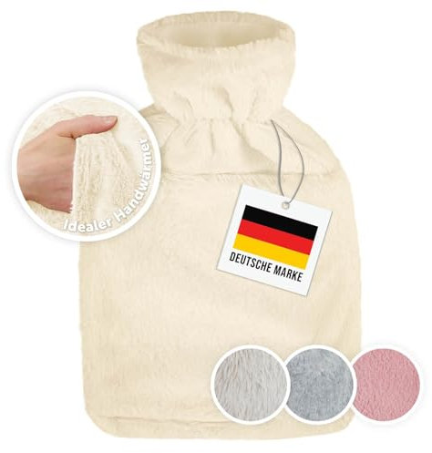 Blumtal bolsa agua caliente premium con funda hecha de peluche - bolsa de agua caliente de caucho natural - bolsas agua caliente con calentador de manos - bolsas de agua caliente - Blanco con bolsa