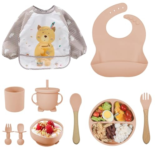 Assiette Bébé, Lot de 10 Coffret Repas Bebe Silicone, Enfant Set Couverts Vaisselle pour assiette ventouse pour bébé Ventouse pour bébé,Couverts Bebe bavoir silicone bebe
