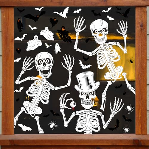 AMLOOPH Halloween Decorations Window Stickers, 10 Sheets Reusable Window Clings - 3 Large Skeleton Stickers + Small Bat Spider Ghost Decals Design for Halloween Window Decorations Indoor