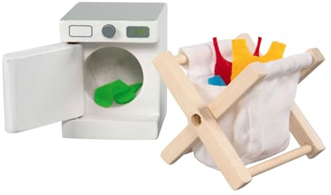 goki 51461, Accessoires Waschküche aus Holz – Perfekte Ergänzung für EIN Puppenhaus – Fördert Kreativität der kleinen Puppeneltern, 29-er Set, ab 3 Jahre