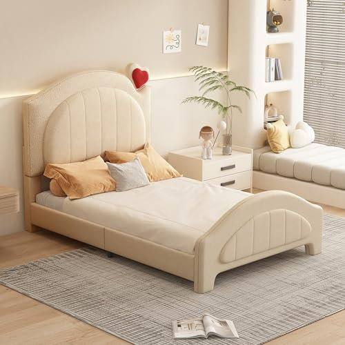 YESGIGA Kinderbett Polsterbett 90x200 cm, Höhenverstellbares Kopfteil, Teddybär-Stoff, Jungen- und Mädchenbetten (Beige)