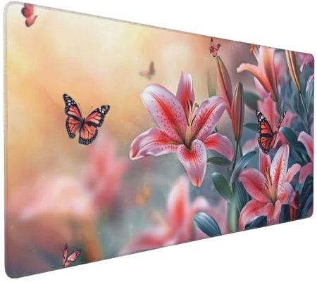 Gaming Mauspad XXL Lilie Mousepad 1000x500x4mm Schmetterling Verlängertes Mauspad Schreibtischauflage,Genähte Kanten Mauspad,Verbessert Präzision Geschwindigkeit Wasserdicht Geeignet für Büro,Spiele