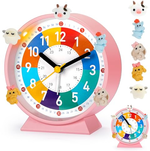 PIXESTT Reveil Enfant, Reveil Enfant Educatif Jour/Nuit IdéAl pour êTre à L’Heure à L'ÉCole, sans Bruit De Tic-Tac avec Fonction Snooze Et Veilleuse, Livré avec 5 Adorables DéCorations De RéVeil