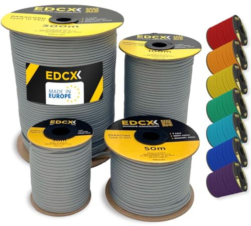 EDCX 4mm Nylon Paracord 550 15, 30, 50, 100 and 300m (50-1000ft) | Ideal for Camping, Survival, Outdoor, Crafting, DIY | 100% Nylon Rope 4mm | Paracord 550 Type III in Solid Colors