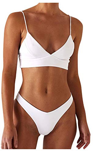Triangel Bikini Oberteil Damen Sexy Push Up Triangel Bikini Low Waist Badeanzug Zweiteiliger Badeanzug Einfarbig Verstellbare Badebekleidung Beachwear White XL