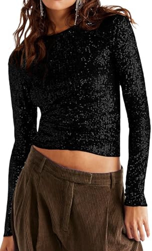 Siyova Women Long Sleeve Sequin Tops Casual Party Shimmer Embellished Shirt Slim Fit Basic Top Blouse Pullover Club Streetwear (Black with Black Sequins, S)