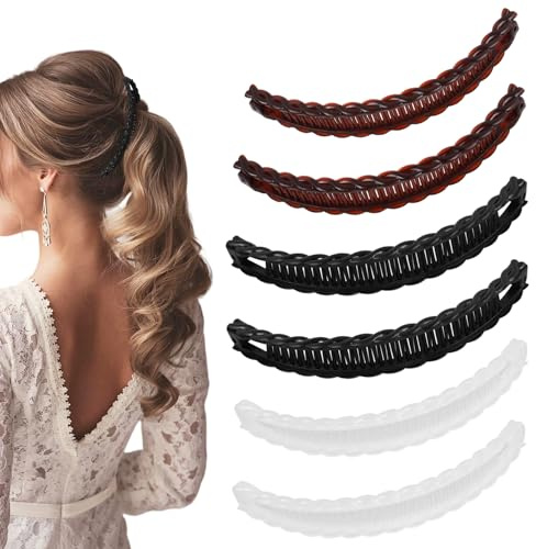 6 Stück Banana Clip, Retro Bananenspange Haare, Bananen Haarspange Damen, Pferdeschwanz Haarklammern für Frauen Mädchen (Schwarz/Braun/Transparent)