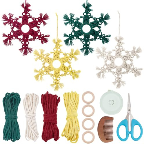 FREEBLOSS 4 Set DIY Makramee Schneeflocken Set Weihnachts Makramee Ornamente Gewebtes Wandbehang Set Mit Anleitung Handgefertigter Wandbehang Für Zuhause Geburtstag Hochzeit Party Dekoration