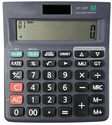 Steuerrechner mit großen Tasten, Tischrechner mit Steuer- und Check-Funktion, 12-stelliges 2-zeiliges LCD-Display, Dual-Solarenergie und Akku für Schule, Büro, Geschäft, Zuhause, den täglichen
