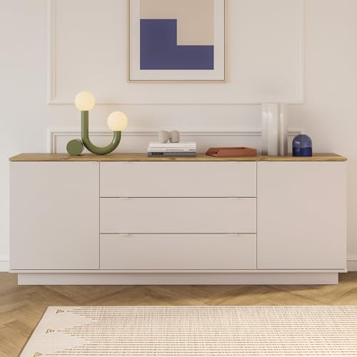 Forte GANYMEDE Sideboard 230, minimalistisches Sideboard, 2-türig, 3 Schubladen, Holzwerkstoff, Wohn-/Schlafzimmer, Mauvella Eiche Holzdekor|Kaschmirbeige, 224,5 cm breit x 85,7 cm hoch x 41,3 cm tief