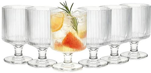 6 Stück geriffelte Vintage-Weingläser, 6 Unzen klare schlanke Wassergläser, Vintage-klarer Cocktailbecher – ideal für Unterhaltungen und Parties, spülmaschinenfest, perfekt für Wein, Whiskey, Champagn