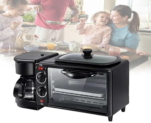 Compact All-in-One Breakfast Station with 7L Oven, Coffee Maker, Large Non-stick Griddle and Toaster Function, Ideal for Small Kitchens, Office Break Rooms