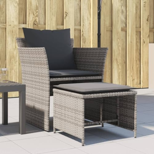 Holamys Gartenstuhl mit Fußhocker Grau Poly Rattan, Outdoor Sessel mit Kissen, Robuster Loungesessel für Terrasse, Balkon, Garten, max. 110 kg