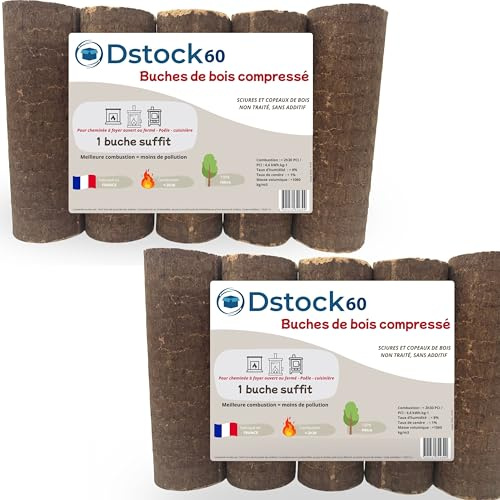 DSTOCK60-10 Bûches de Bois de hêtre compressé – bûchettes de 28cm – 100% sciure française Non traitée – Longue Combustion 2h30 – Haute Performance énergétique (PCI 4,6 kWh/kg)