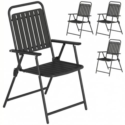 Outsunny Juego de 4 Sillas de Jardín Exterior Plegables, Sillas Terraza Exterior con Reposabrazos, Respaldo y Asiento de PP, Marco Metálico, 55x63x93 cm, Negro