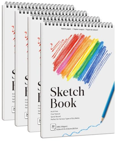 4 Pack A4 Sketch Books, 100gsm Spiral Bound Drawing Pads