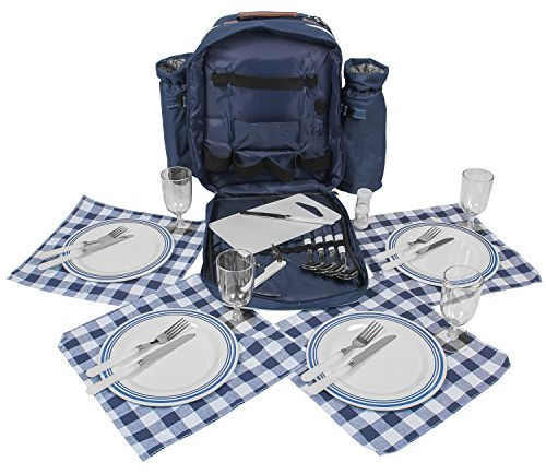 anndora Picknickrucksack mit Inhalt für 4 Personen mit integrierter Kühltasche, Blau