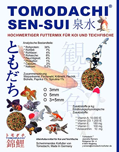 Tomodachi Sen-Sui, Premium Koifuttermischung, 4 Farben, Rot-Grün-Weiß-Braun, Teichfuttermix mit Spirulina, Astax, Paprika und Krillmehl, Koi-Futter, 15 kg (3mm und 5mm Pelletgröße gemischt)