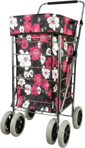 Premium 6 Wheel Swivel Shopping Trolley with Adjustable Handle Black Pink Flower Print
