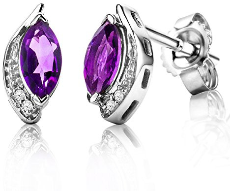 Miore Bijoux pour Femmes boucles d'Oreilles avec Pierres précieuses/Pierres de Naissance Améthyste en violet et 4 Diamants 0.01 Ct Clous d'Oreilles en Or Blanc 9 Carats / 375 Or