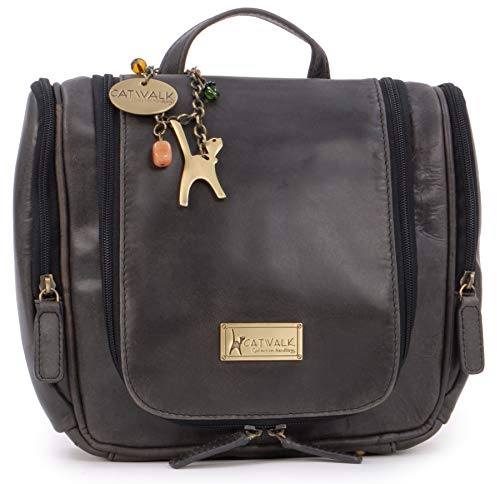 Catwalk Collection Handbags - Damen Antik - Leder Kulturtasche Groß - Kulturbeutel zum Aufhängen - Kosmetiktasche mit Viele Fächer - Maisie - Schwarz