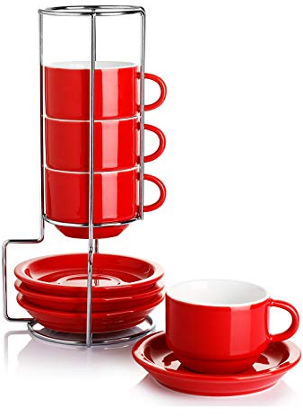 Sweese 404.104 Porcelain Stackable Espresso Cups with Saucers and Metal Stand - 2.5 Ounce - Set of 4, Red