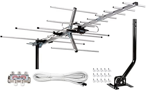 Five Star Yagi Satellite HD TV Antenna up to 200 Mile Long Range, Attic or Roof Mount Digital OTA TV Antenna for 4K Supports 4 TVs Installation Kit & Mounting Pole, Radio/FM Antenna