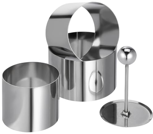 Cabilock 3 Anillos de Acero Inoxidable para Alimentos, Anillos de Postre con prensador, Redondos, para Alimentos, Anillos pequeños para Tartas, moldes para Galletas
