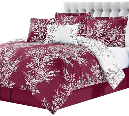 Spirit Linen - Queen Bed in a Bag, 6-Piece Oversized Reversible Bedding with Matching Shams & Bed Skirt, Elegant Home Decor for All Season (Foliage Burgundy/Ivory, Queen)