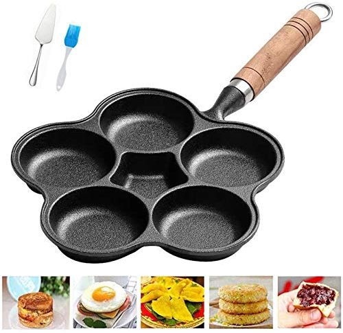 JLCP Sartén Antiadherente para Huevo Hamburguesas, Hierro Fundido Desayuno Molde para Tortilla 6 Agujeros Panqueques para Estufa De Gas Y Cocina De Inducción (Mango De Madera)